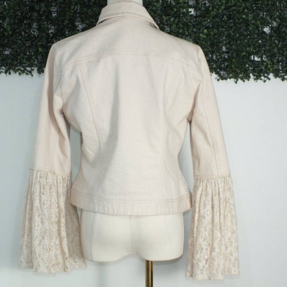 Vintage Boston Proper Small Beaded Floral Embroidered Denim Jacket Lace Cuffs - Picture 6 of 15